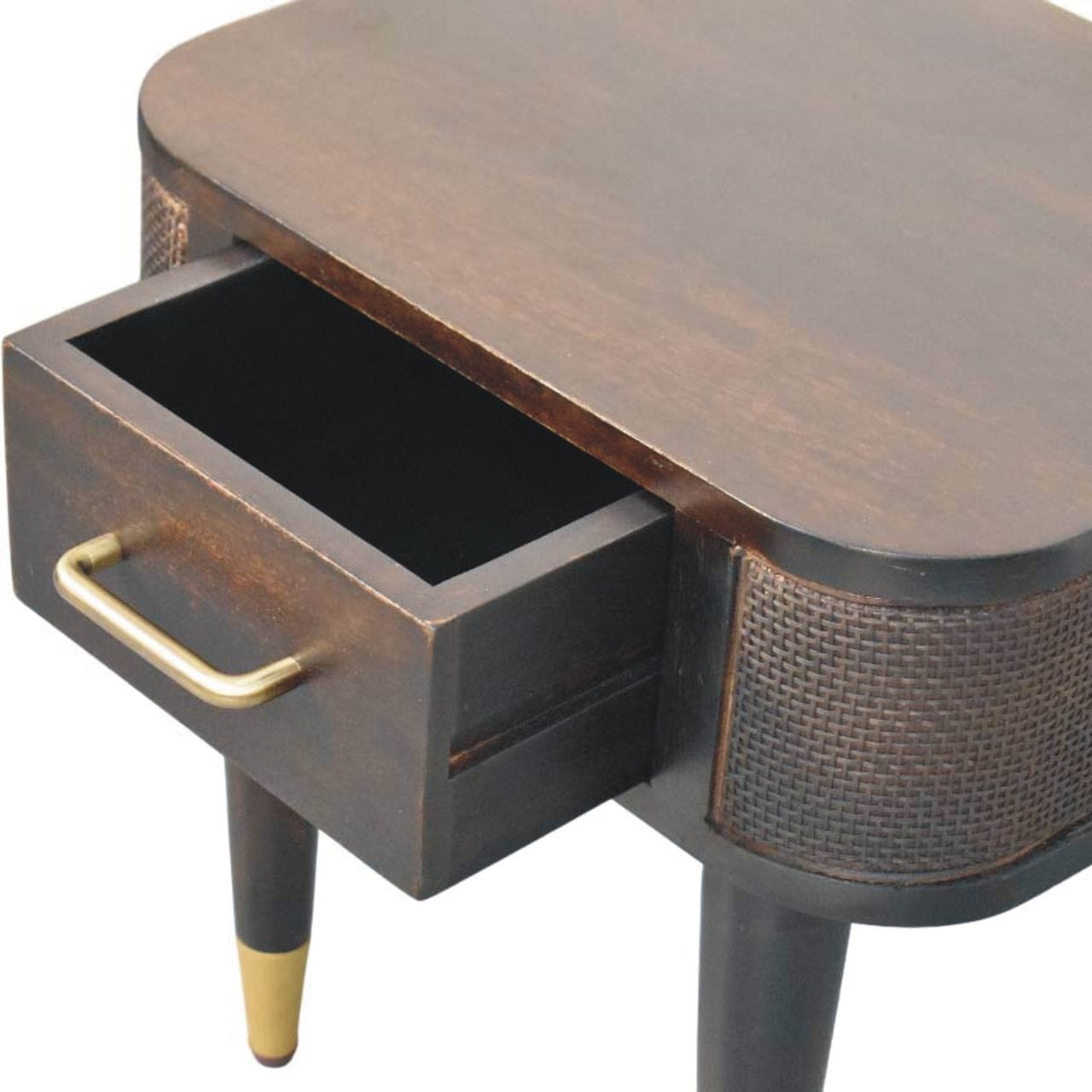 Mid-Century Modern Nightstand - Solid Mango Wood Bedside Table for Bedroom - product view 5 showing handcrafted solid...