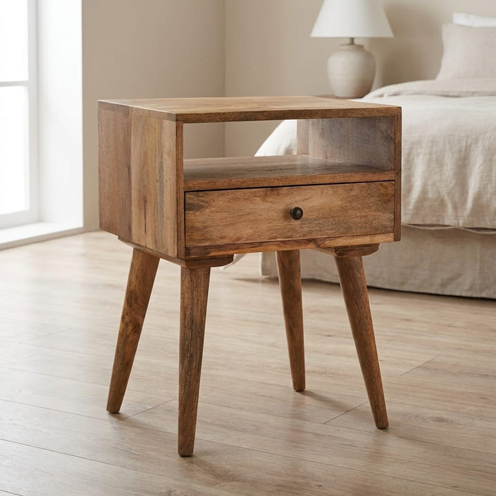 Mid-Century Modern Nightstand - Solid Mango Wood Bedside Table for Bedroom - main view showing handcrafted solid mango...
