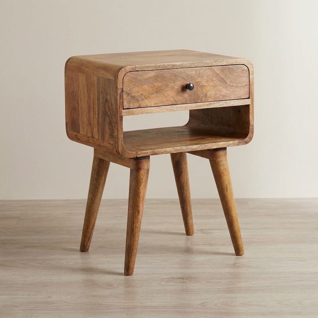 Mid-Century Modern Oak-ish Nightstand - Solid Mango Wood Bedside Table for Bedroom - main view showing handcrafted solid...