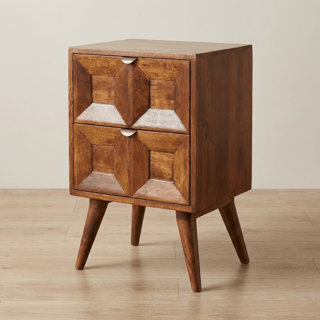 Mid-Century Modern Quad Nightstand - Solid Mango Wood Bedside Table for Bedroom - main view showing handcrafted solid...