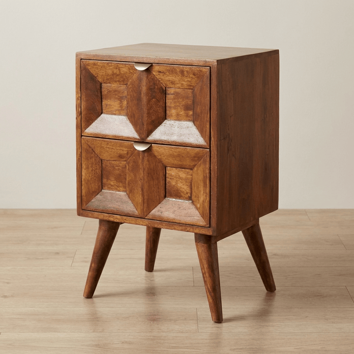 Mid-Century Modern Quad Nightstand - Solid Mango Wood Bedside Table for Bedroom - main view showing handcrafted solid...