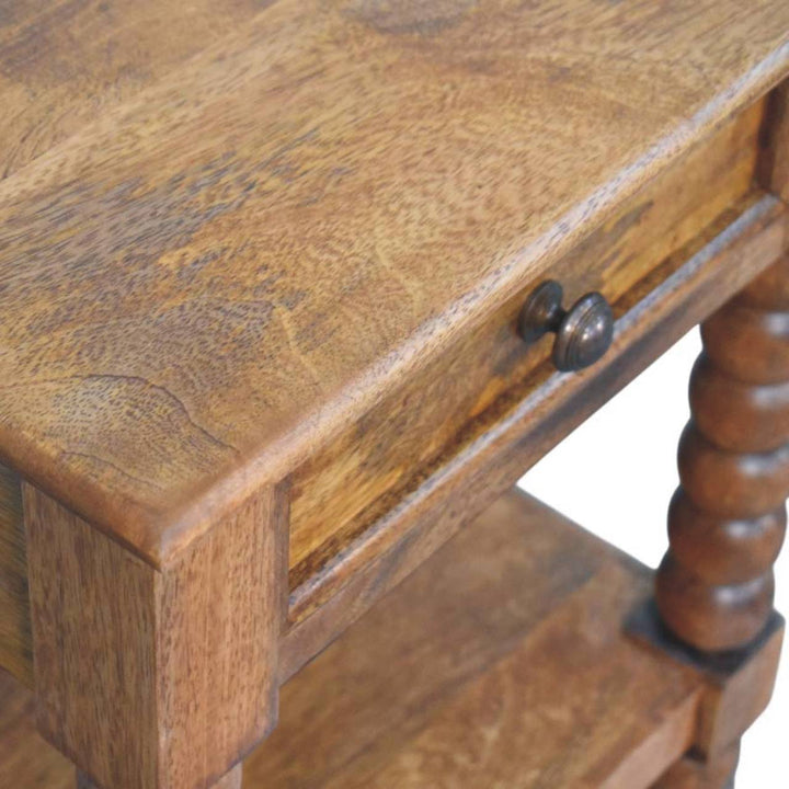 Spindle Nightstand - Solid Mango Wood Bedside Table for Bedroom - product view 5 showing handcrafted solid mango wood...