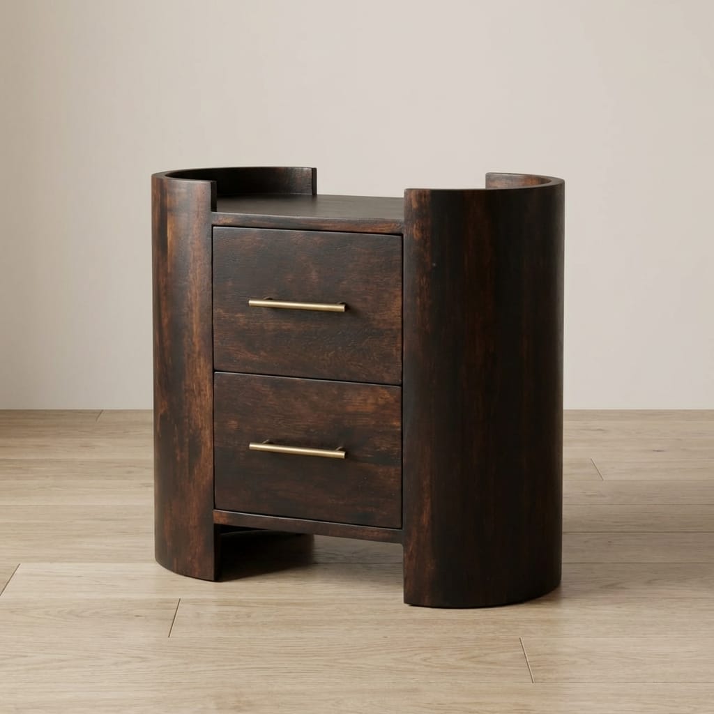 Mid-Century Modern Velvet Mocha Curve Nightstand - Solid Mango Wood Bedside Table for Bedroom - main view showing...