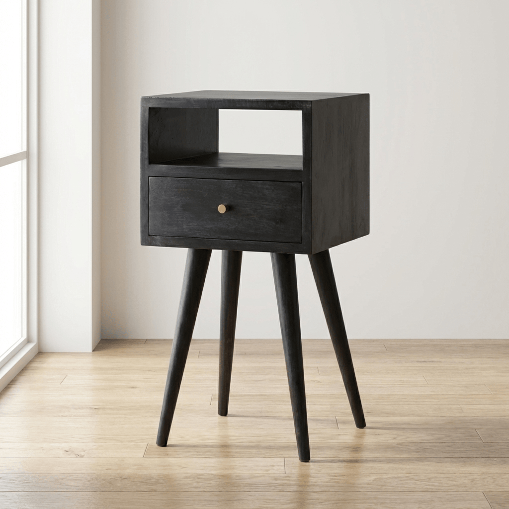 Mini Ash Black Nightstand - Solid Mango Wood Bedside Table for Bedroom - main view showing handcrafted solid mango wood...