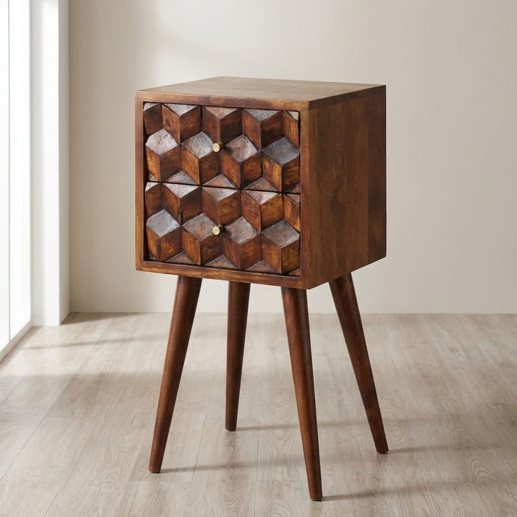 Mini Chestnut Cube 2 Drawer Nightstand - Solid Mango Wood Bedside Table for Bedroom - main view showing handcrafted solid...
