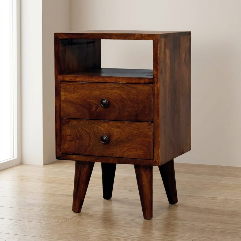 Mini Classic Chestnut solid mango wood nightstand with spacious drawers and open shelf for bedroom decor