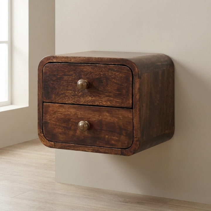 Mini Curved California Walnut Floating Nightstand - Solid Mango Wood Bedside Table for Bedroom - main view showing...