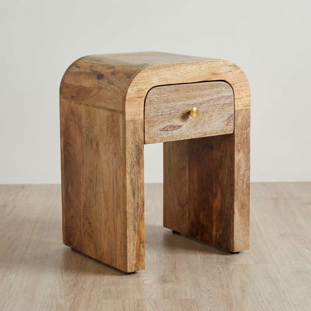 Mini Darcy Oak-ish Nightstand - Solid Mango Wood Bedside Table for Bedroom - main view showing handcrafted solid mango...