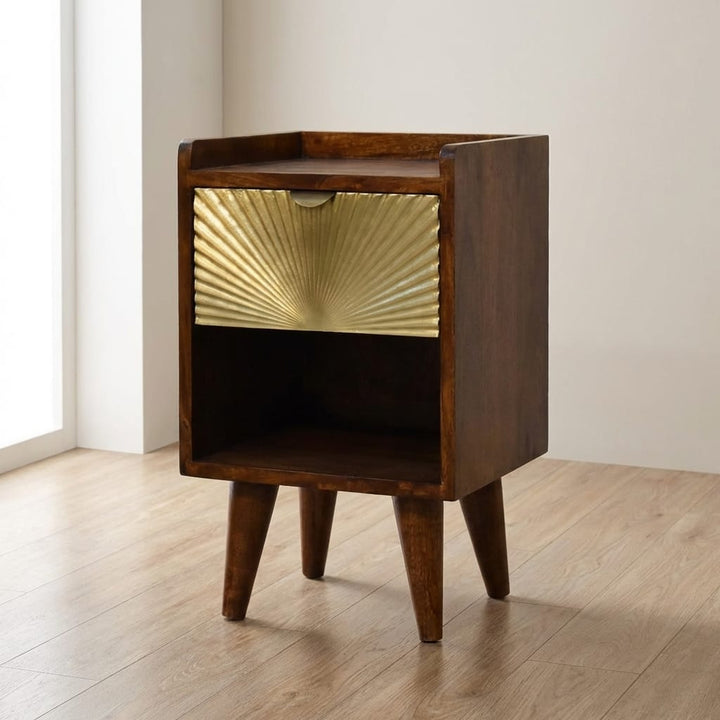 Mini Gold 1 Drawer Nightstand - Solid Mango Wood Bedside Table for Bedroom - main view showing handcrafted solid mango...