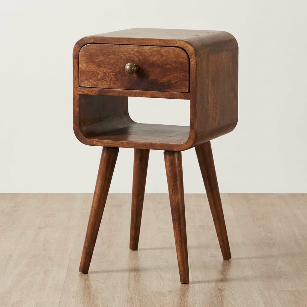 Mini Honey Caramel Curved Nightstand - Solid Mango Wood Bedside Table for Bedroom - main view showing handcrafted solid...