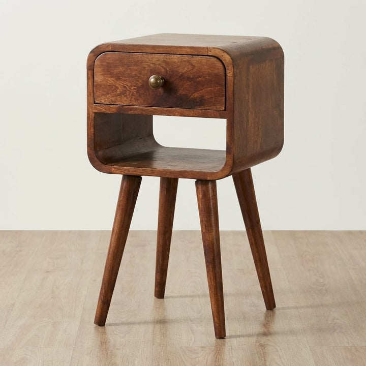 Mini Honey Caramel Curved Nightstand - Solid Mango Wood Bedside Table for Bedroom - main view showing handcrafted solid...