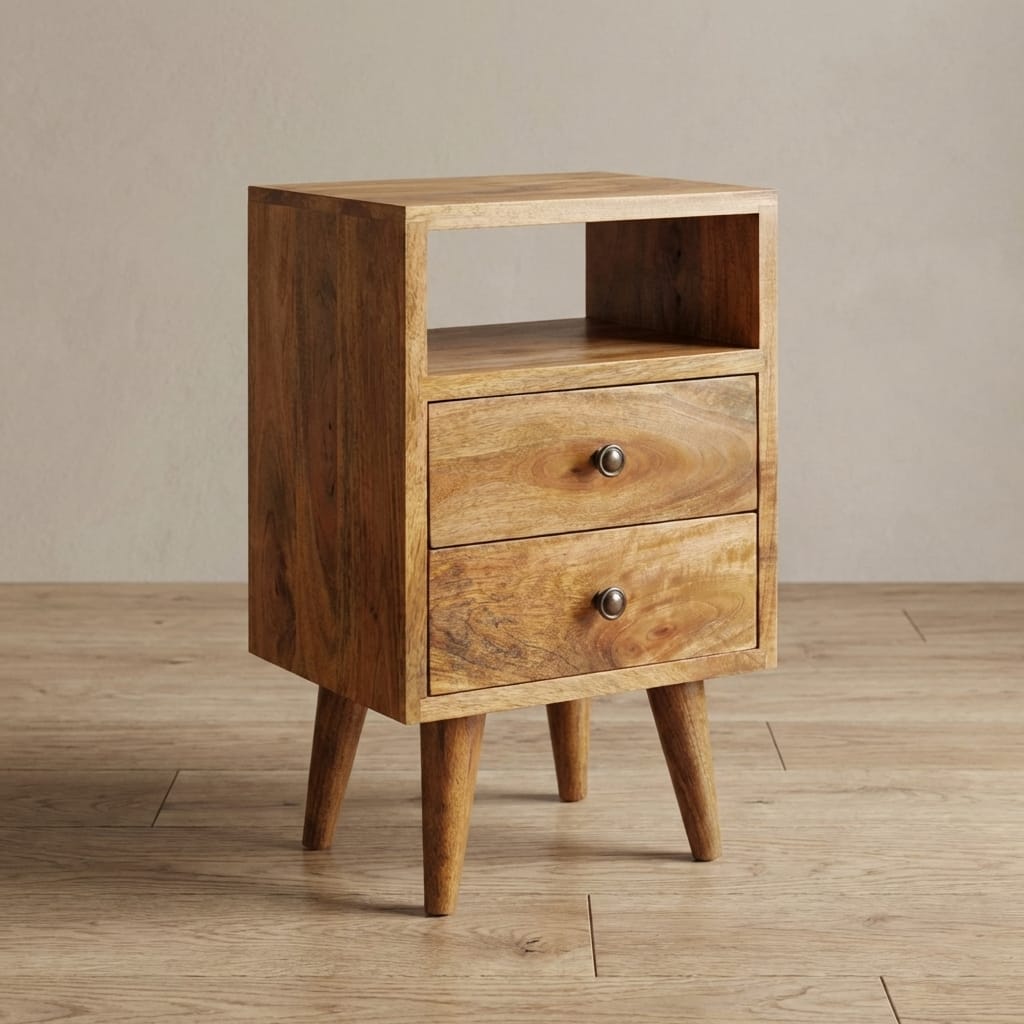Mini Oak-ish Classic Open Nightstand - Solid Mango Wood Bedside Table for Bedroom - main view showing handcrafted solid...