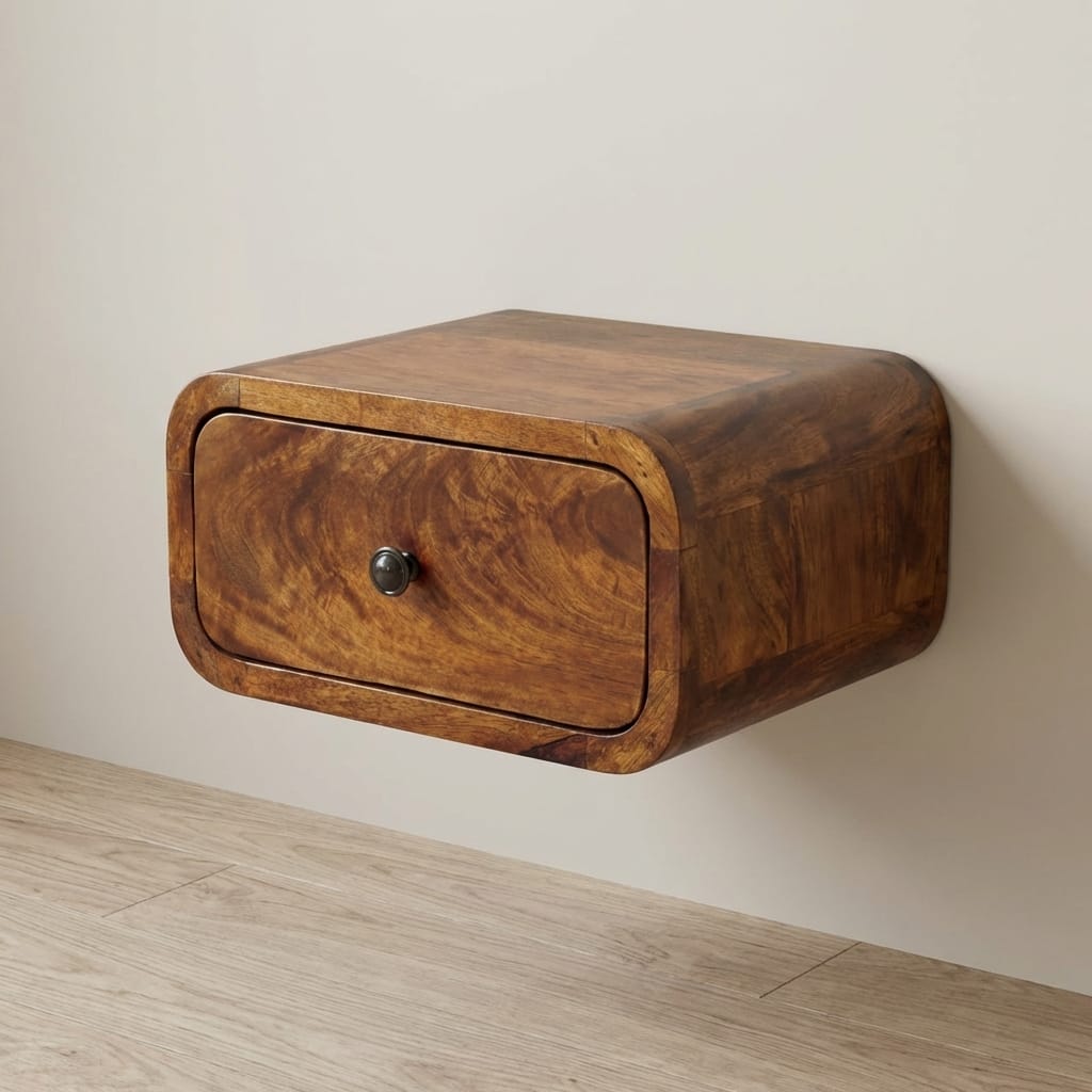 Mini Wall-Mounted Chestnut 1 Drawer Nightstand - Solid Mango Wood Bedside Table for Bedroom - main view showing...