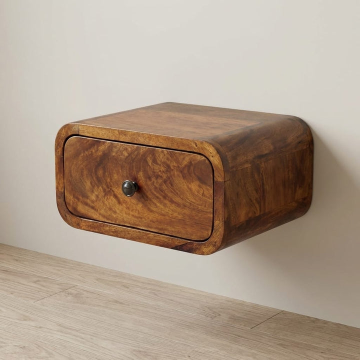 Mini Wall-Mounted Chestnut 1 Drawer Nightstand - Solid Mango Wood Bedside Table for Bedroom - main view showing...