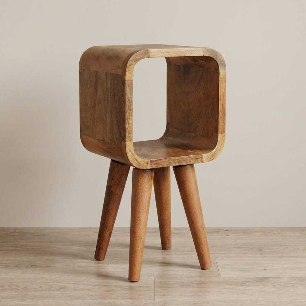 Minimalist Extra Mini Open Curved Oak-ish Nightstand - Solid Mango Wood Bedside Table for Bedroom - main view showing...