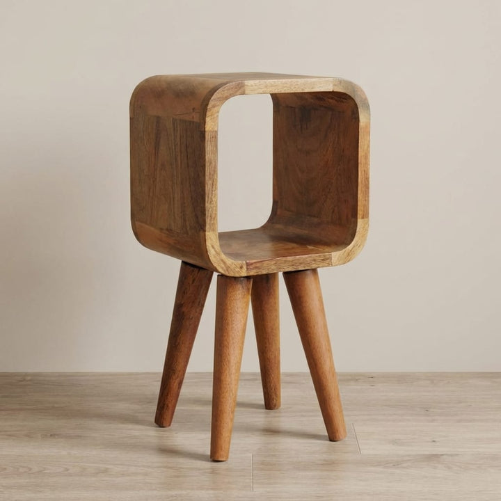 Minimalist Extra Mini Open Curved Oak-ish Nightstand - Solid Mango Wood Bedside Table for Bedroom - main view showing...