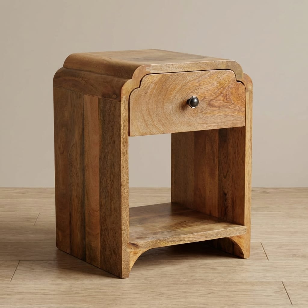 Newton Mini Oak-ish Nightstand - Solid Mango Wood Bedside Table for Bedroom, handcrafted bedside table with drawer.