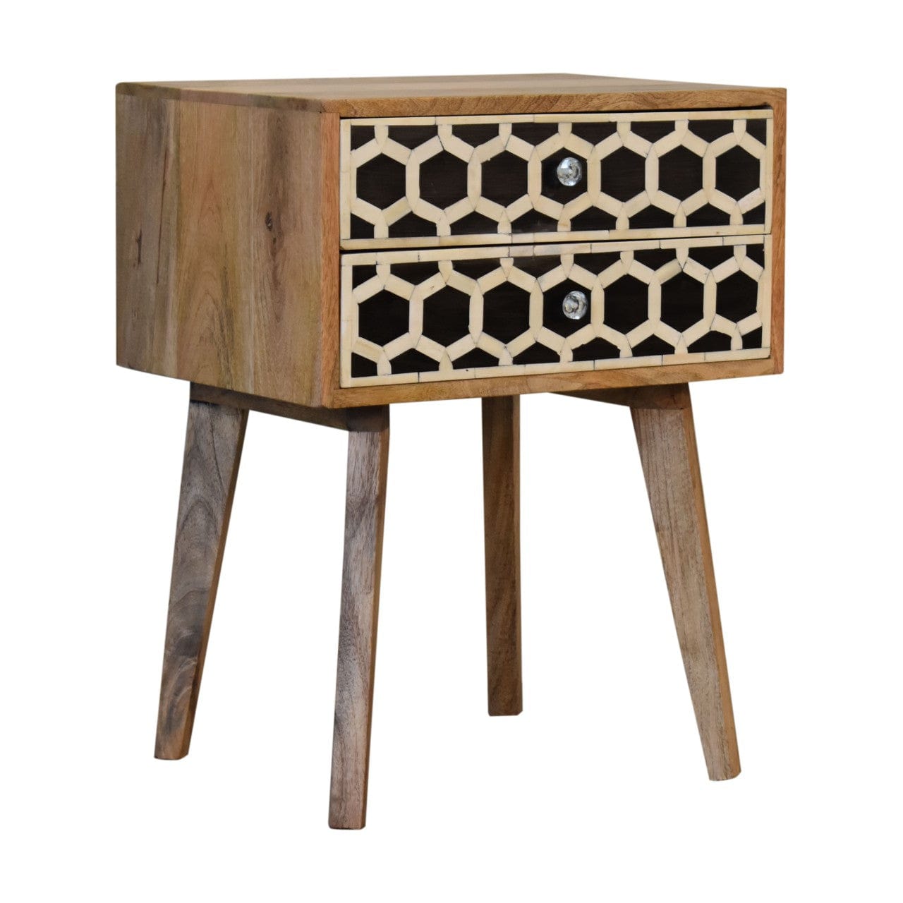 Nordic Bone Inlay Scandi Nightstand - Solid Mango Wood Bedside Table for Bedroom - main view showing handcrafted solid...