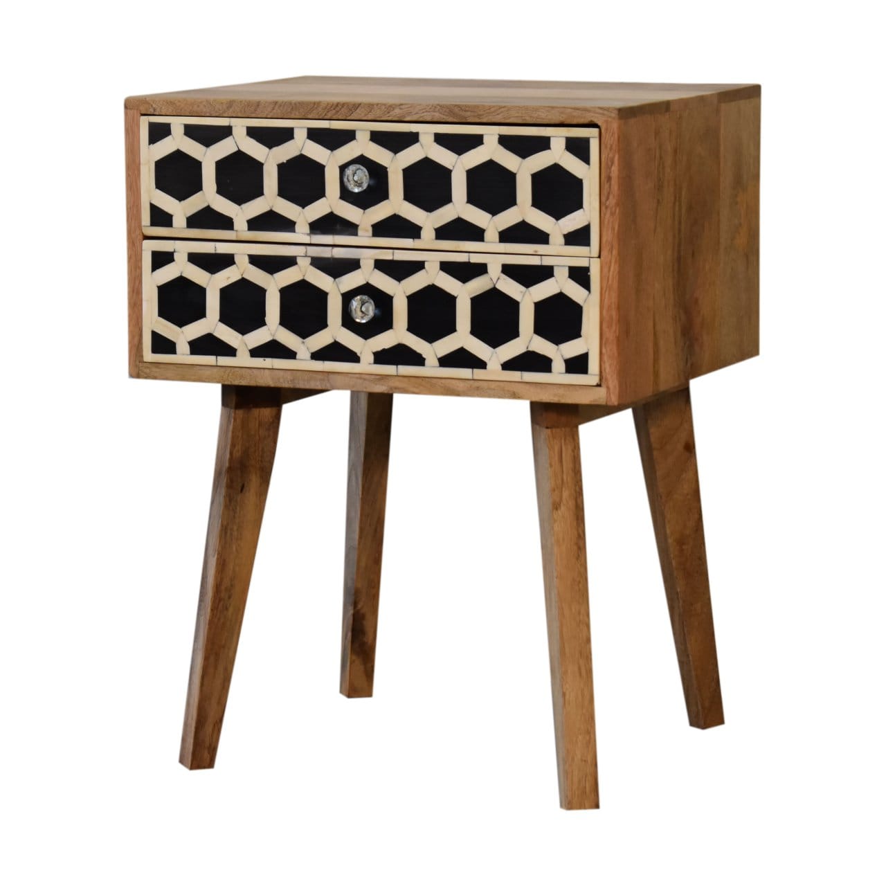 Nordic Bone Inlay Scandi Nightstand - Solid Mango Wood Bedside Table for Bedroom - product view 5 showing handcrafted...