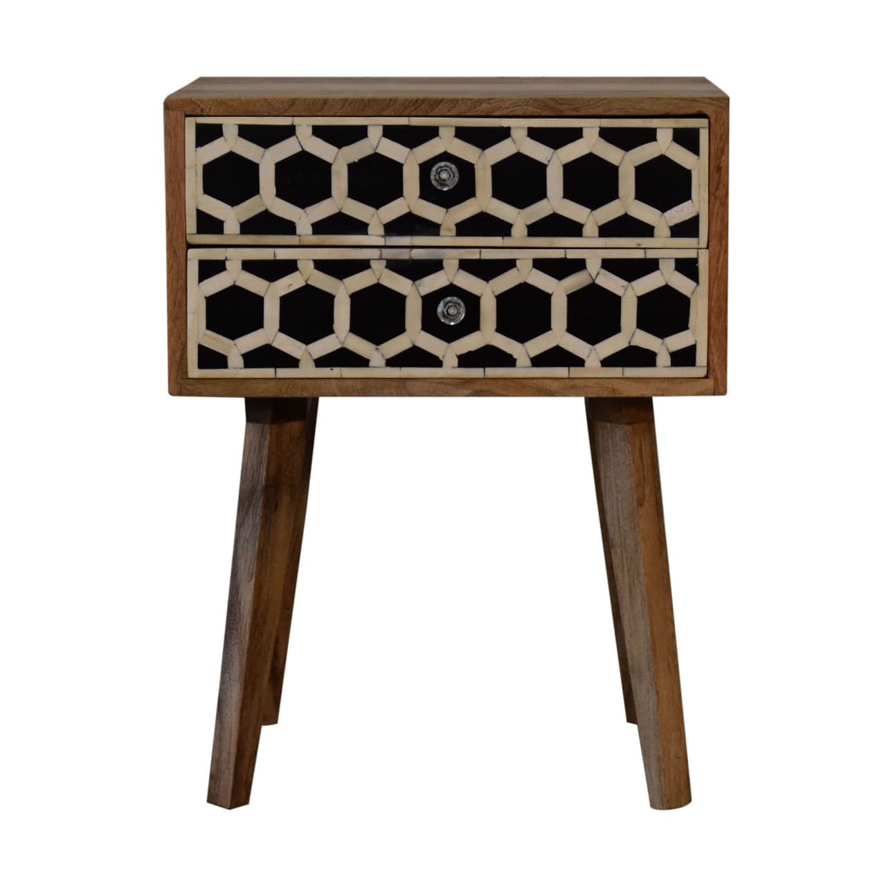 Nordic Bone Inlay Scandi Nightstand - Solid Mango Wood Bedside Table for Bedroom - product view 4 showing handcrafted...