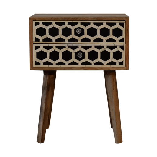Nordic Bone Inlay Scandi Nightstand - Solid Mango Wood Bedside Table for Bedroom - product view 2 showing handcrafted...