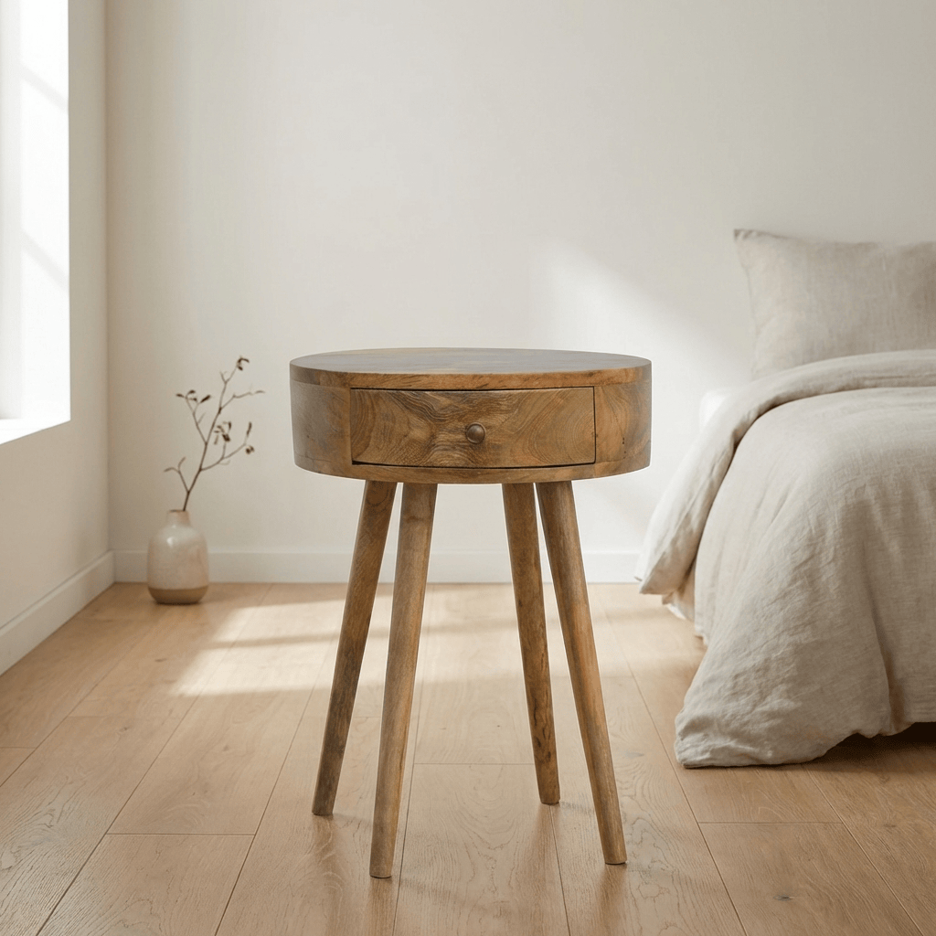 Nordic Circular Shaped Nightstand - Solid Mango Wood Bedside Table for Bedroom - main view showing handcrafted solid...