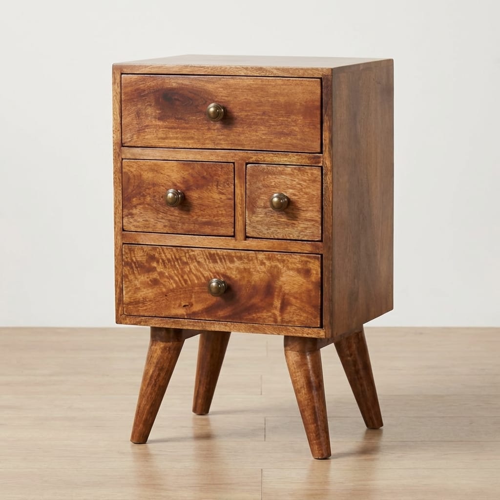 Nordic Honey Caramel Style 4 Drawer Multi Nightstand - Solid Mango Wood Bedside Table for Bedroom - main view showing...