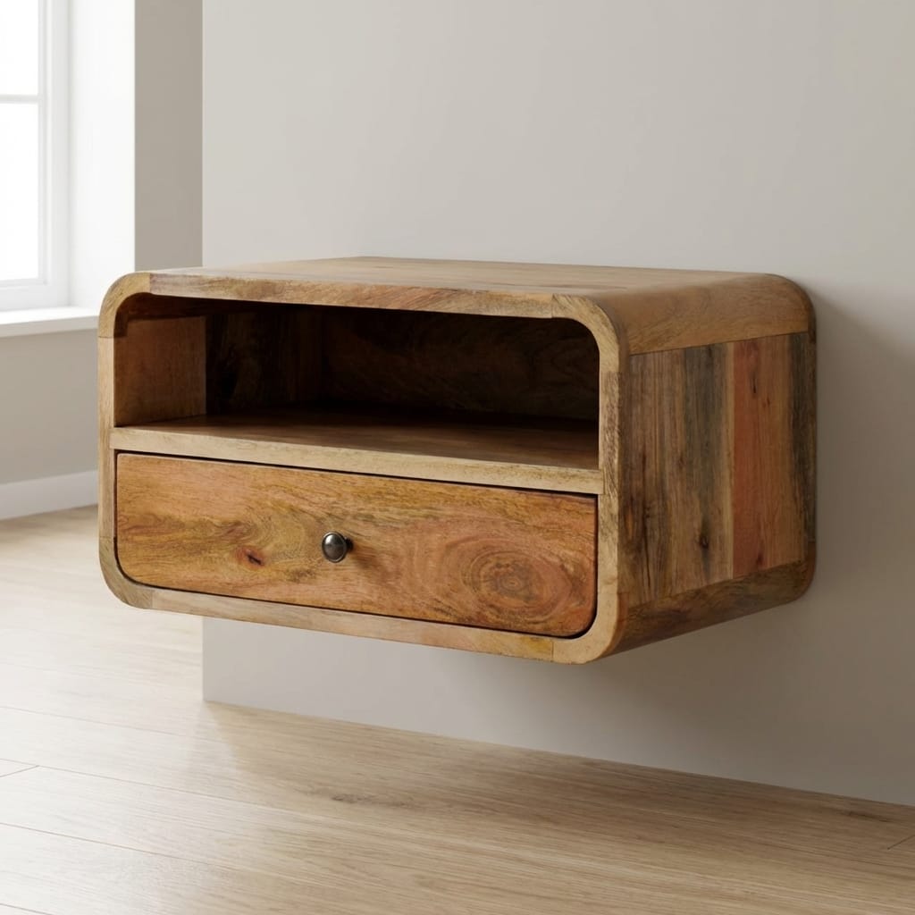 Oak-ish Curve Upper Slot Floating Nightstand - Solid Mango Wood Bedside Table for Bedroom - main view showing handcrafted...
