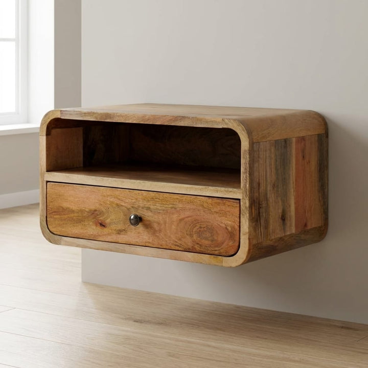 Oak-ish Curve Upper Slot Floating Nightstand - Solid Mango Wood Bedside Table for Bedroom - main view showing handcrafted...