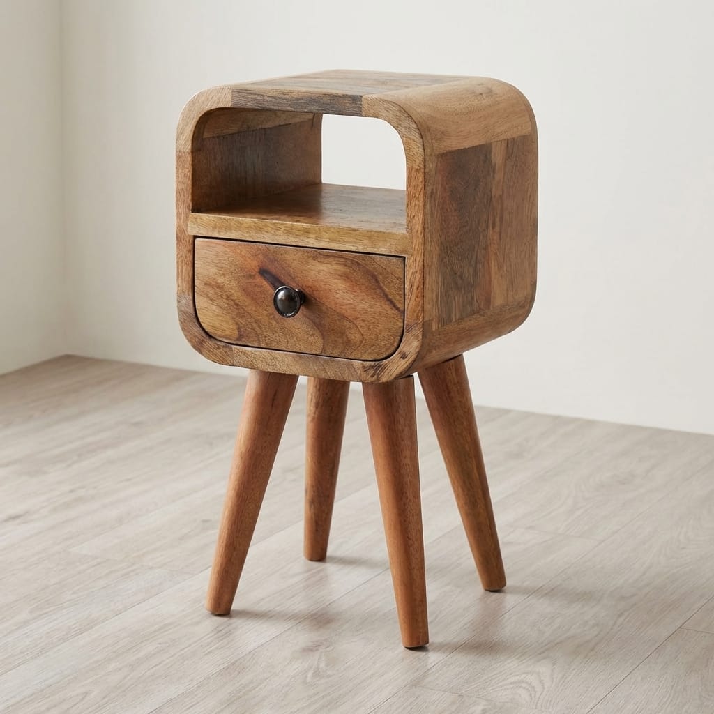 Oak-ish Extra Mini Nightstand - Solid Mango Wood Bedside Table for Bedroom - main view showing handcrafted solid mango...