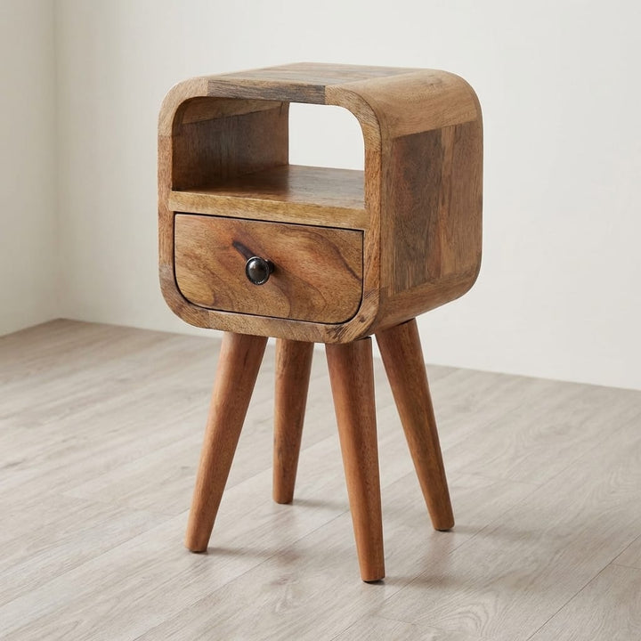 Oak-ish Extra Mini Nightstand - Solid Mango Wood Bedside Table for Bedroom - main view showing handcrafted solid mango...