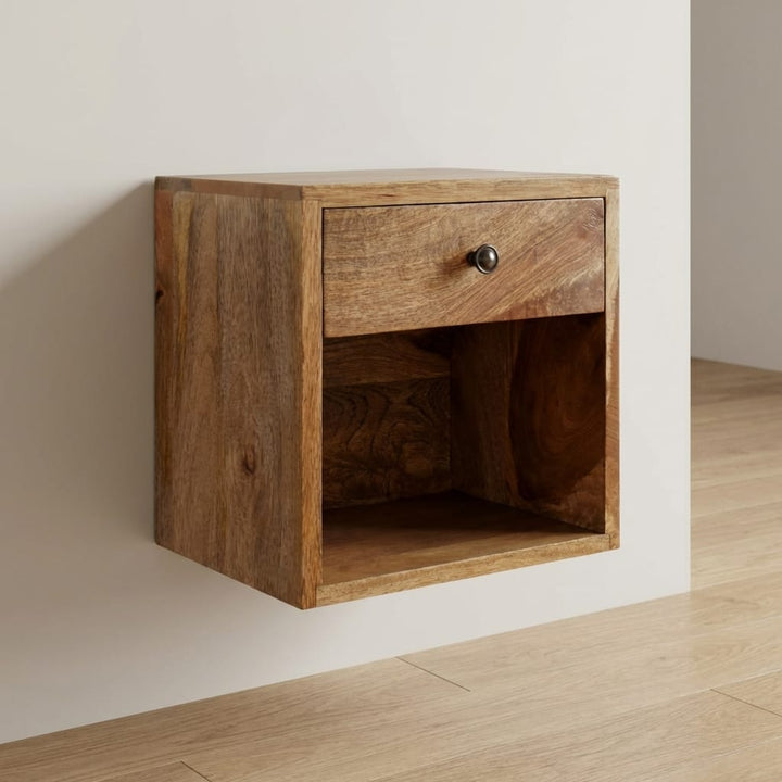 Rustic Floating Mini Classic Nightstand - Solid Mango Wood Bedside Table for Bedroom - main view showing handcrafted...