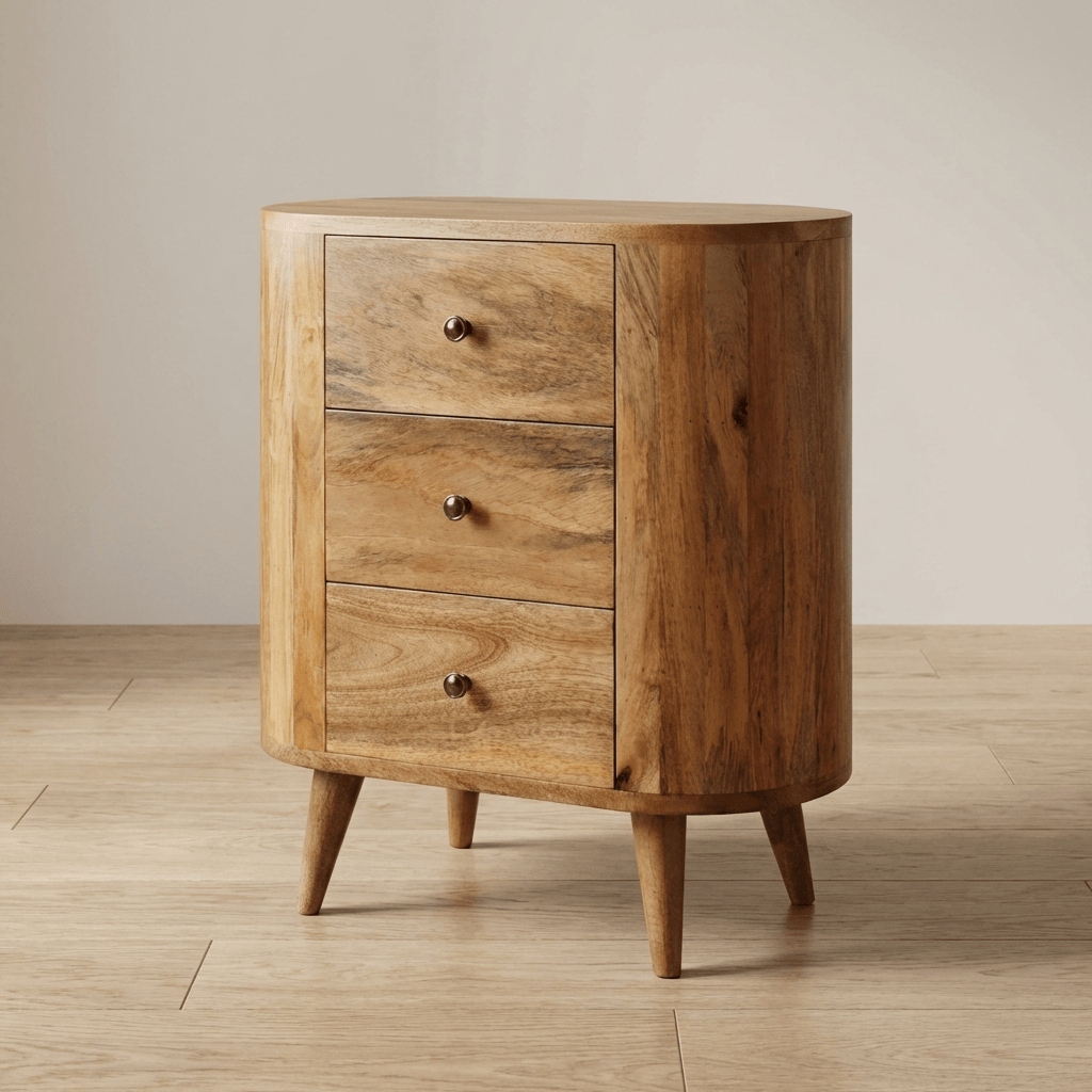 Rustic Lodge Oak-ish Nightstand - Solid Mango Wood Bedside Table for Bedroom - main view showing handcrafted solid mango...