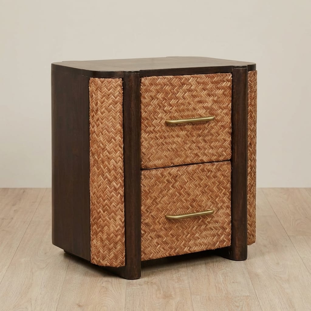 Rustic Solid Mango Wood Havana Canefront Nightstand - California Walnut Bedside Table - main view showing handcrafted...