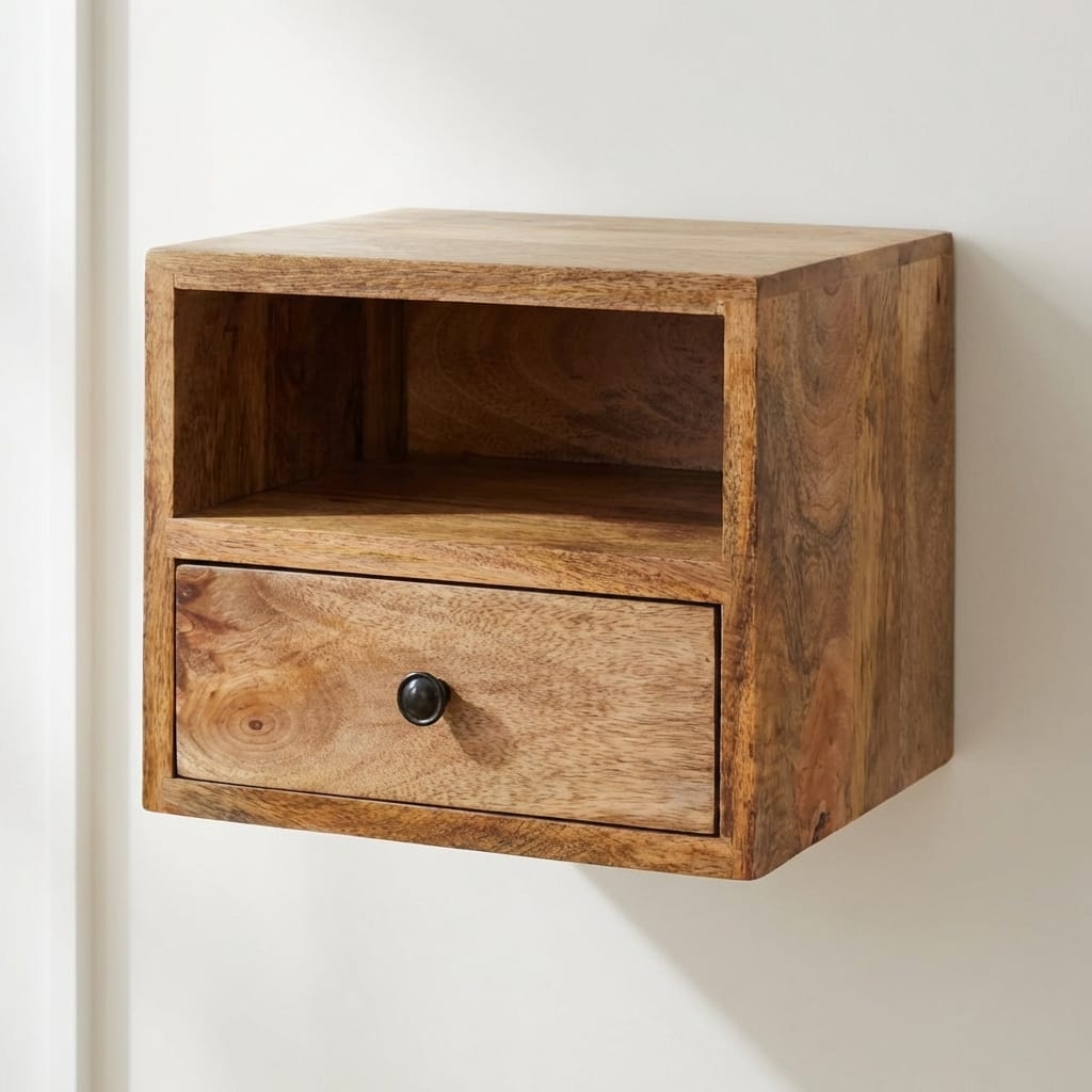 Solis 1-Drawer Oak-ish Floating Nightstand - Solid Mango Wood Bedside Table for Bedroom - main view showing handcrafted...