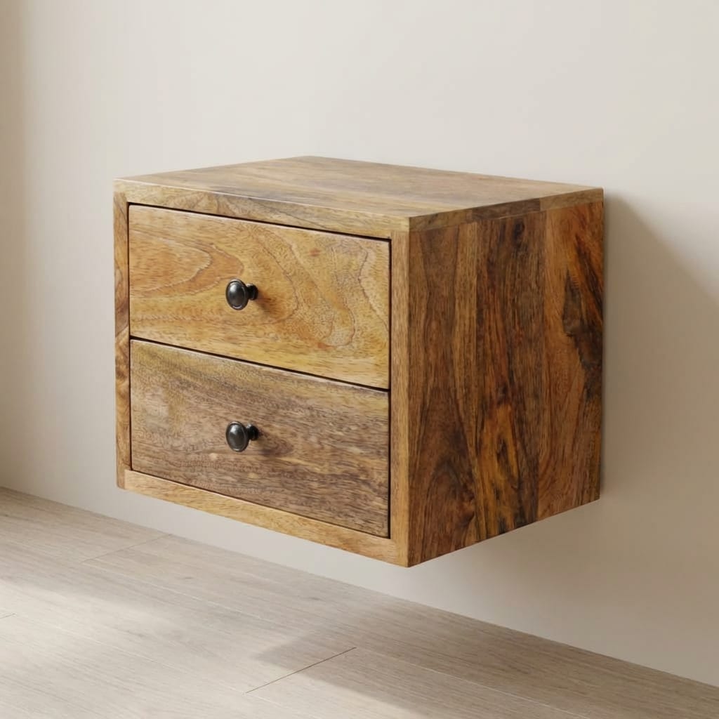 Solis 2-Drawer Oak-ish Floating Nightstand - Solid Mango Wood Bedside Table for Bedroom - main view showing handcrafted...