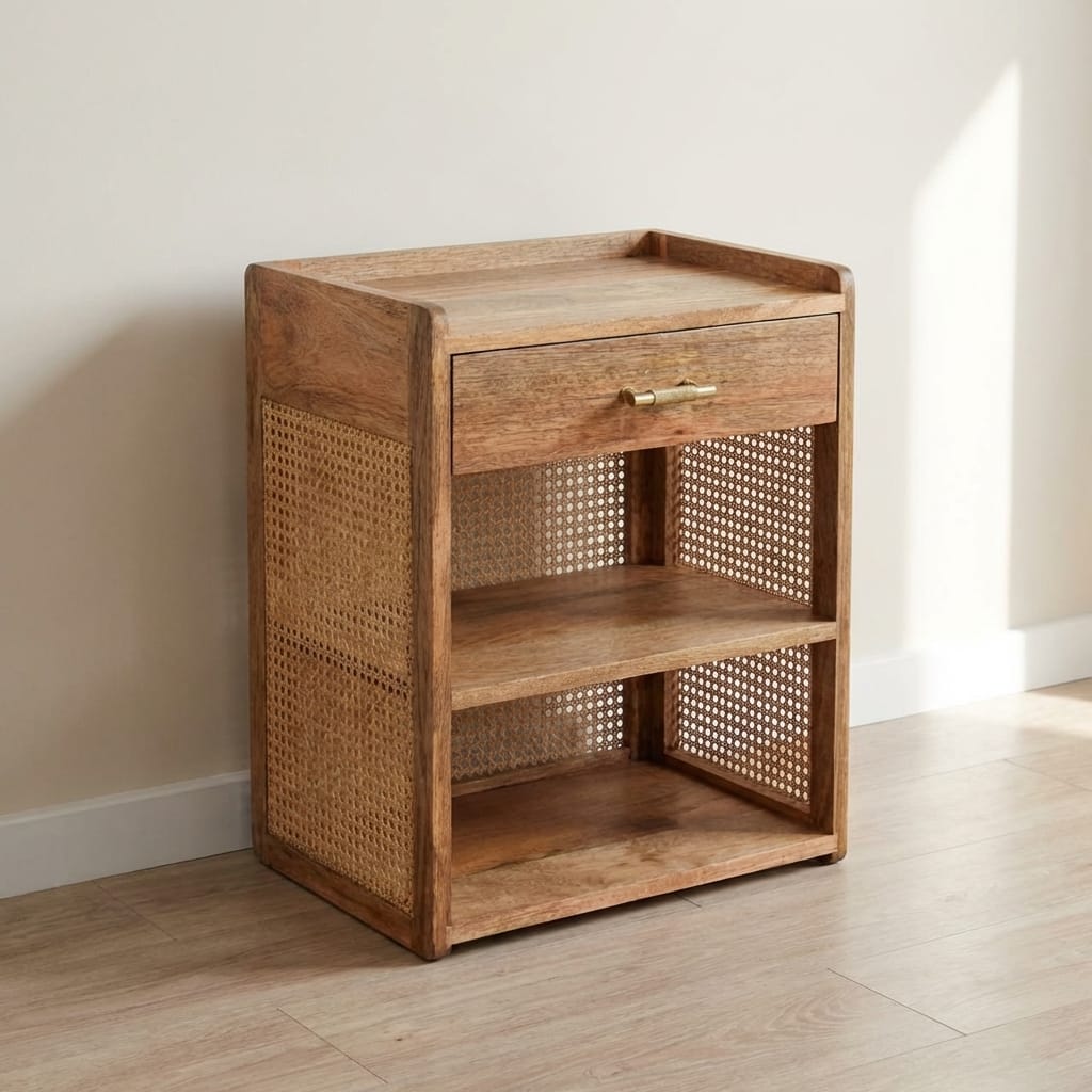 T-Bar Open Nightstand - Solid Mango Wood Bedside Table for Bedroom - main view showing handcrafted solid mango wood...