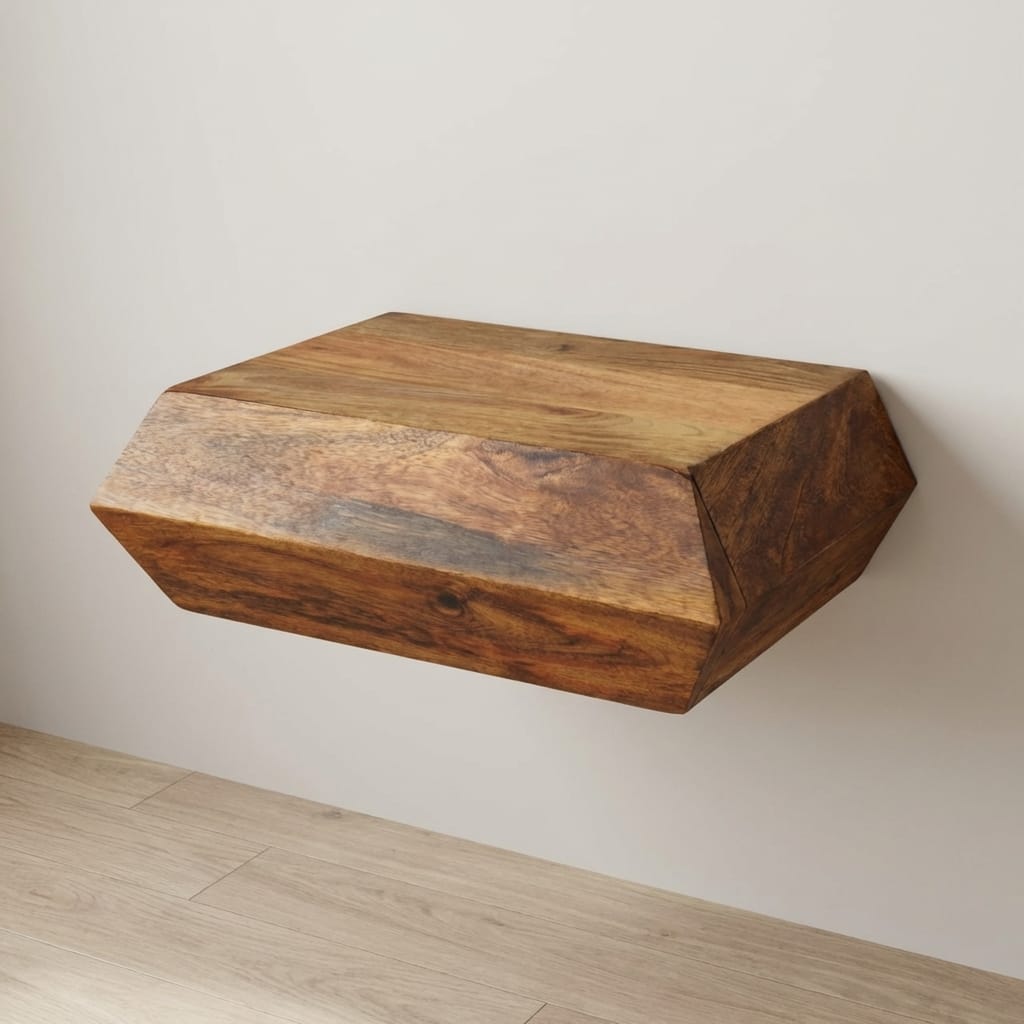 Wall-Mounted Golden Teak Nightstand - Solid Mango Wood Floating Bedside Table - main view showing handcrafted solid mango...