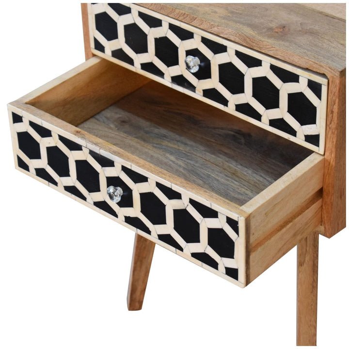 Nordic Bone Inlay Scandi Nightstand - Solid Mango Wood Bedside Table for Bedroom - product view 8 showing handcrafted...