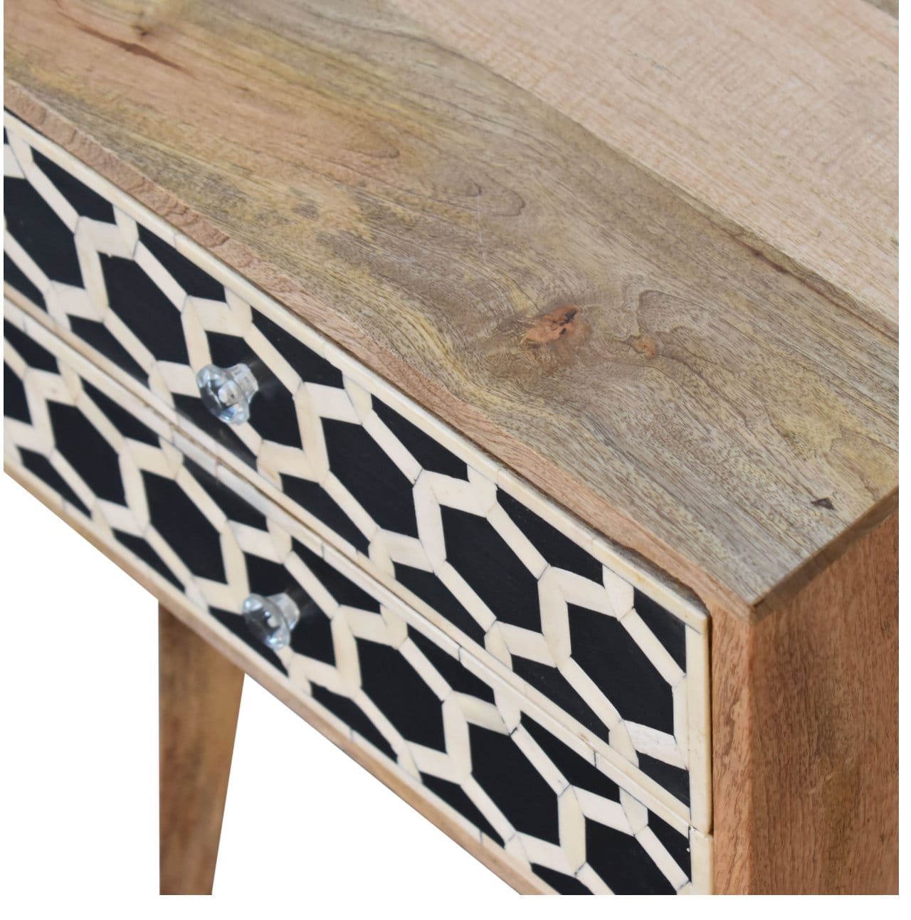 Nordic Bone Inlay Scandi Nightstand - Solid Mango Wood Bedside Table for Bedroom - product view 7 showing handcrafted...