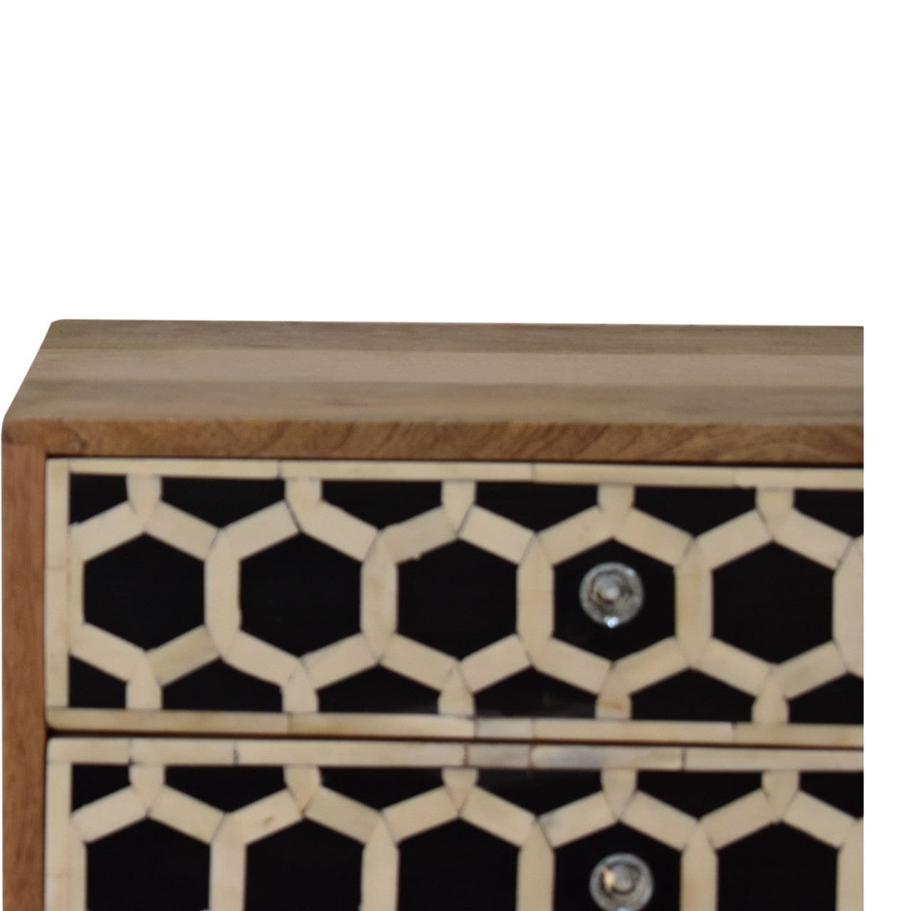 Nordic Bone Inlay Scandi Nightstand - Solid Mango Wood Bedside Table for Bedroom - product view 6 showing handcrafted...