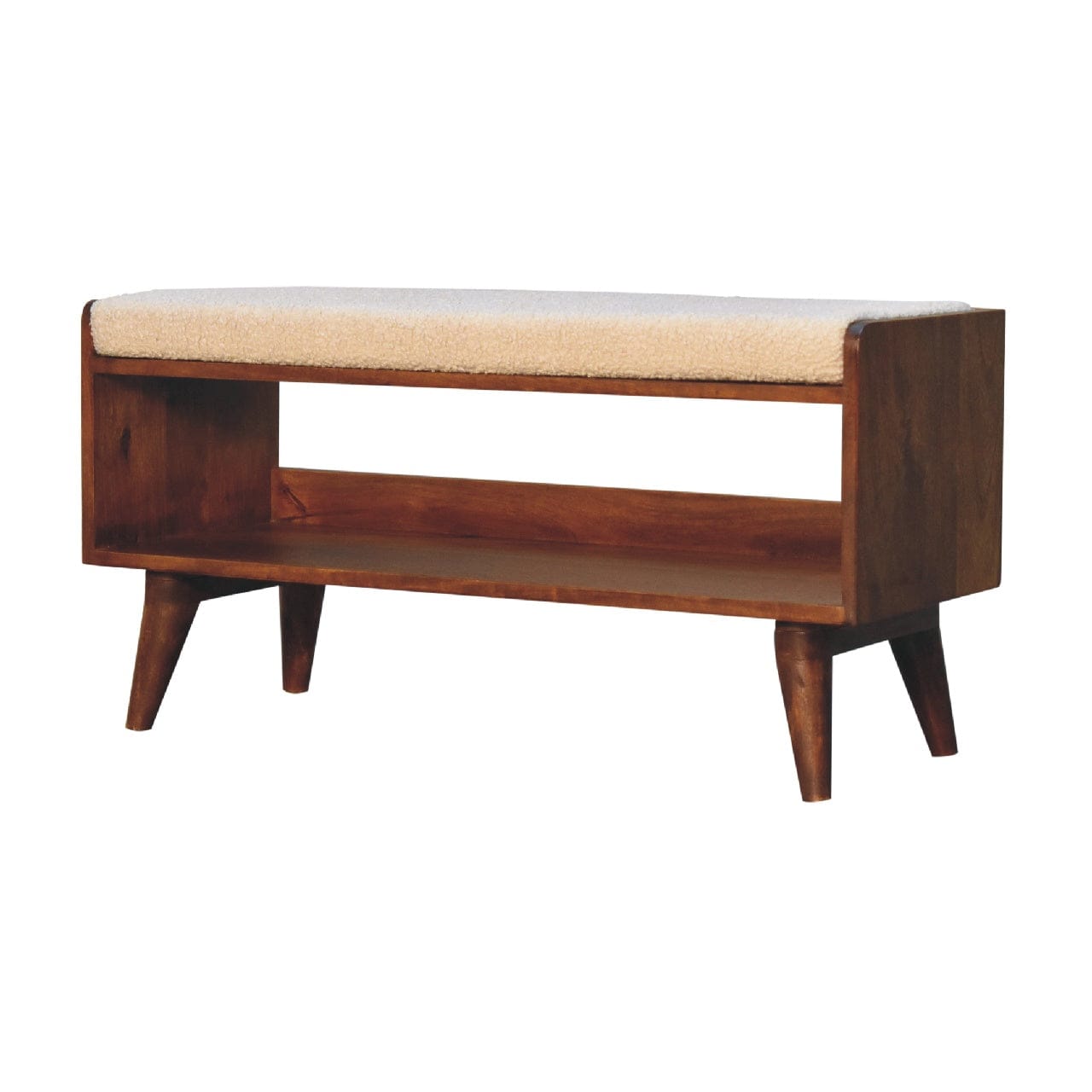 Nordic Boucle Storage Bench - Solid Mango Wood Seating Furniture for Entryway - main view showing handcrafted solid mango...