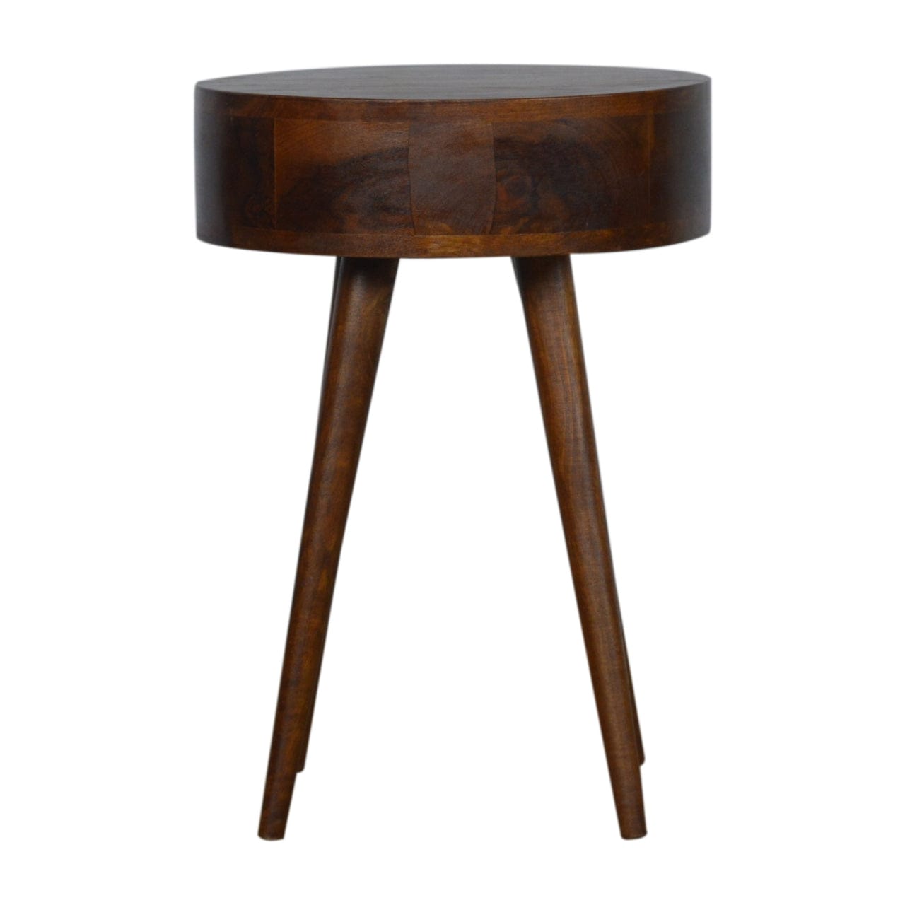 Nordic Chestnut Circular Nightstand - Solid Mango Wood Bedside Table for Bedroom - product view 9 showing handcrafted...