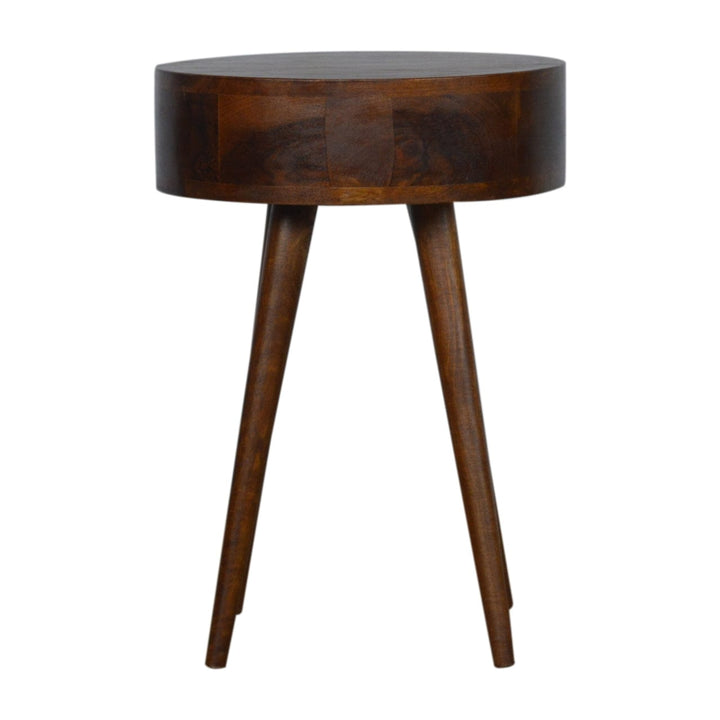 Nordic Chestnut Circular Nightstand - Solid Mango Wood Bedside Table for Bedroom - product view 9 showing handcrafted...