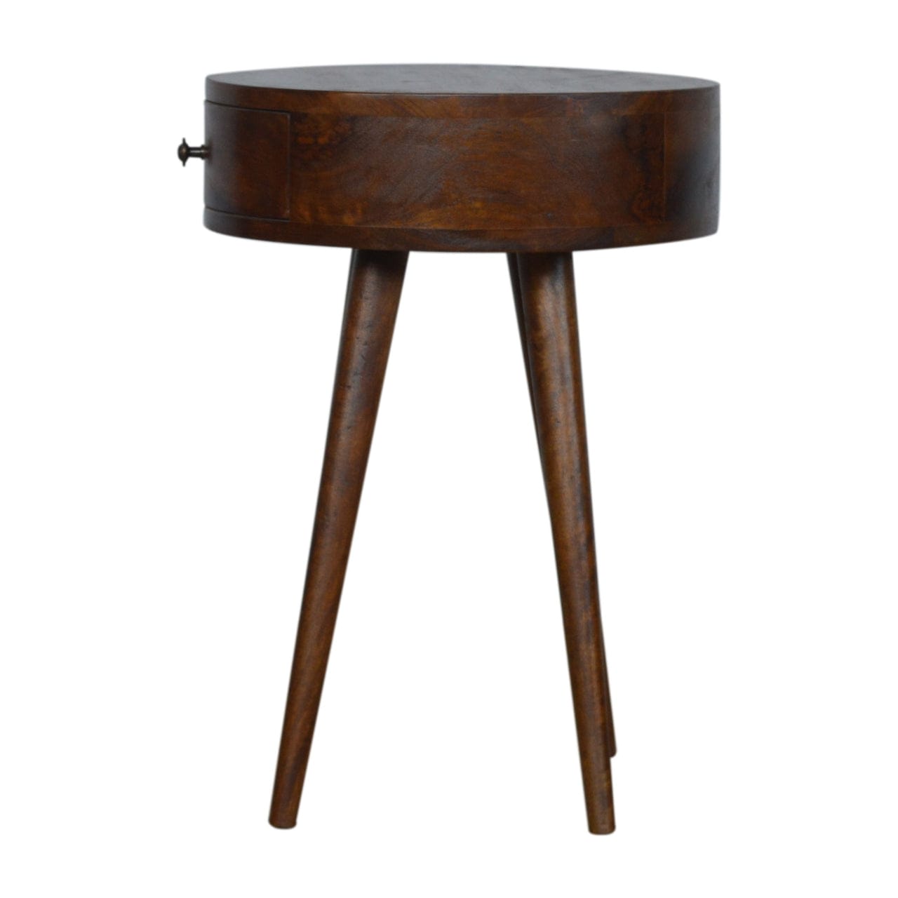Nordic Chestnut Circular Nightstand - Solid Mango Wood Bedside Table for Bedroom - product view 8 showing handcrafted...
