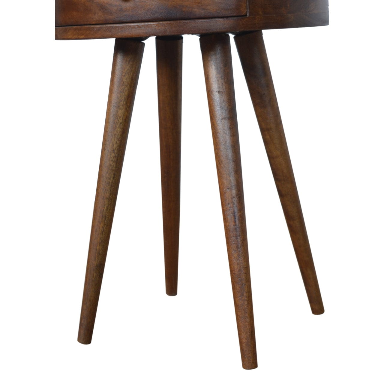 Nordic Chestnut Circular Nightstand - Solid Mango Wood Bedside Table for Bedroom - product view 7 showing handcrafted...