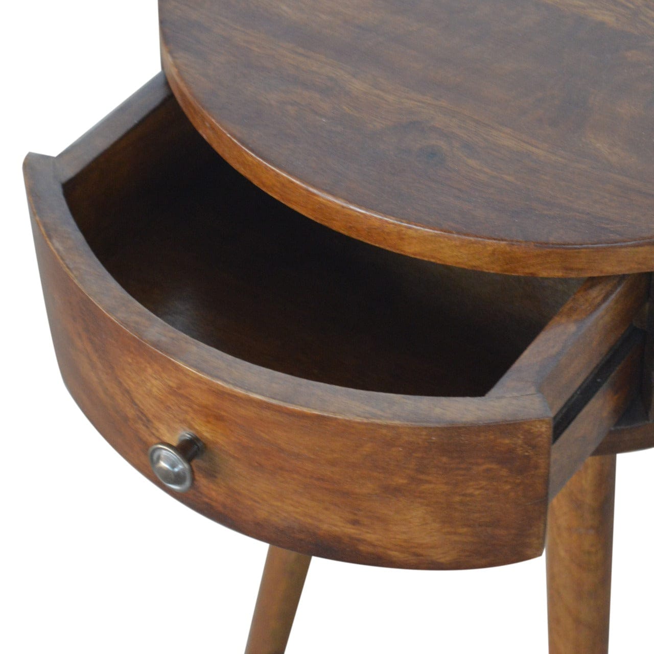 Nordic Chestnut Circular Nightstand - Solid Mango Wood Bedside Table for Bedroom - product view 6 showing handcrafted...