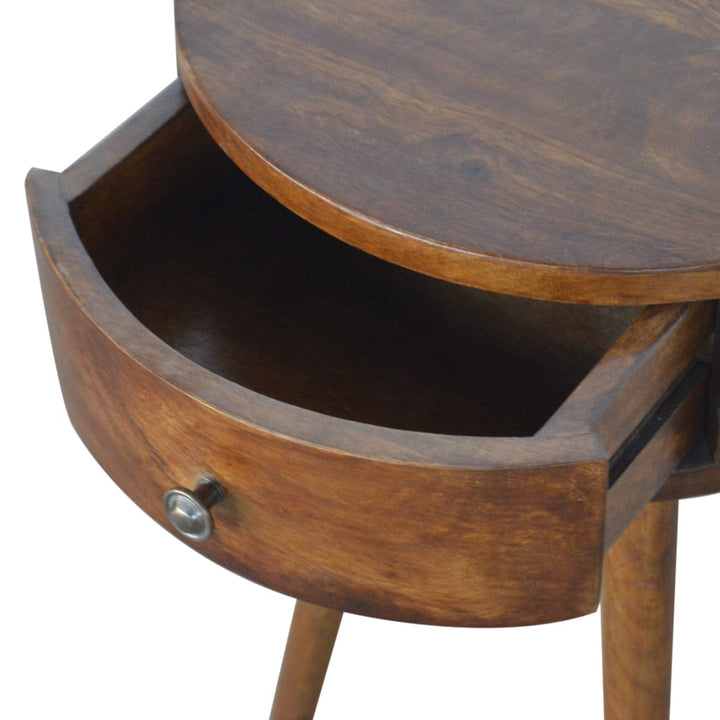 Nordic Chestnut Circular Nightstand - Solid Mango Wood Bedside Table for Bedroom - product view 6 showing handcrafted...