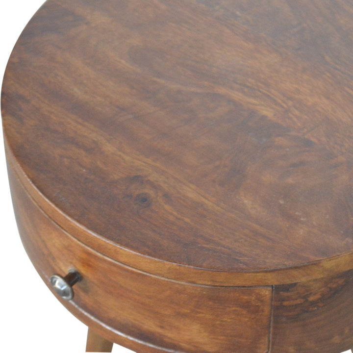 Nordic Chestnut Circular Nightstand - Solid Mango Wood Bedside Table for Bedroom - product view 5 showing handcrafted...