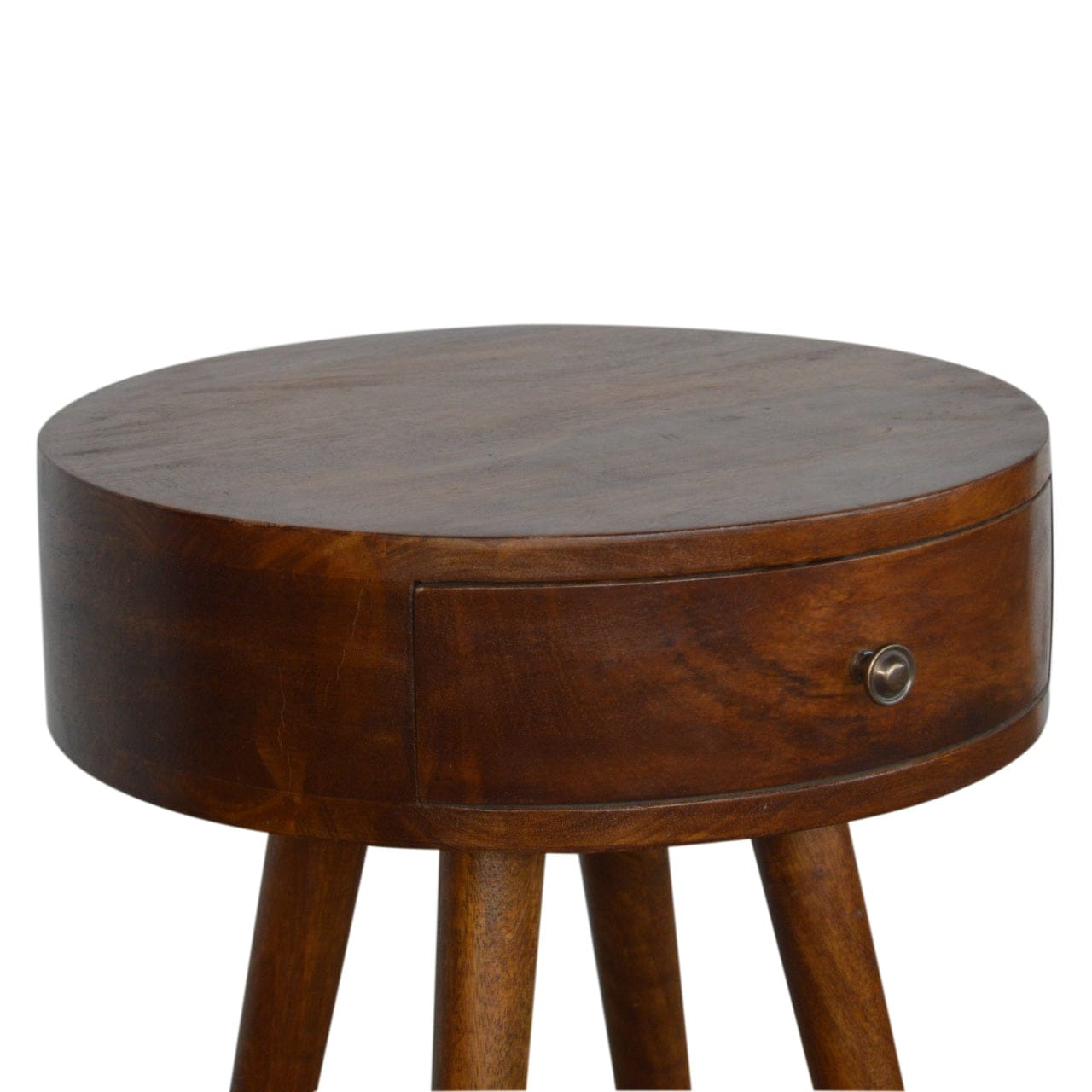 Nordic Chestnut Circular Nightstand - Solid Mango Wood Bedside Table for Bedroom - product view 4 showing handcrafted...